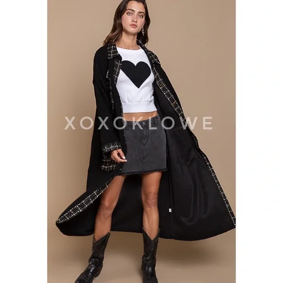 POL Black Sherpa Tweed Long Jacket | Relaxed Fit Faux Fur Sparkly Maxi Coat - Picture 8 of 11